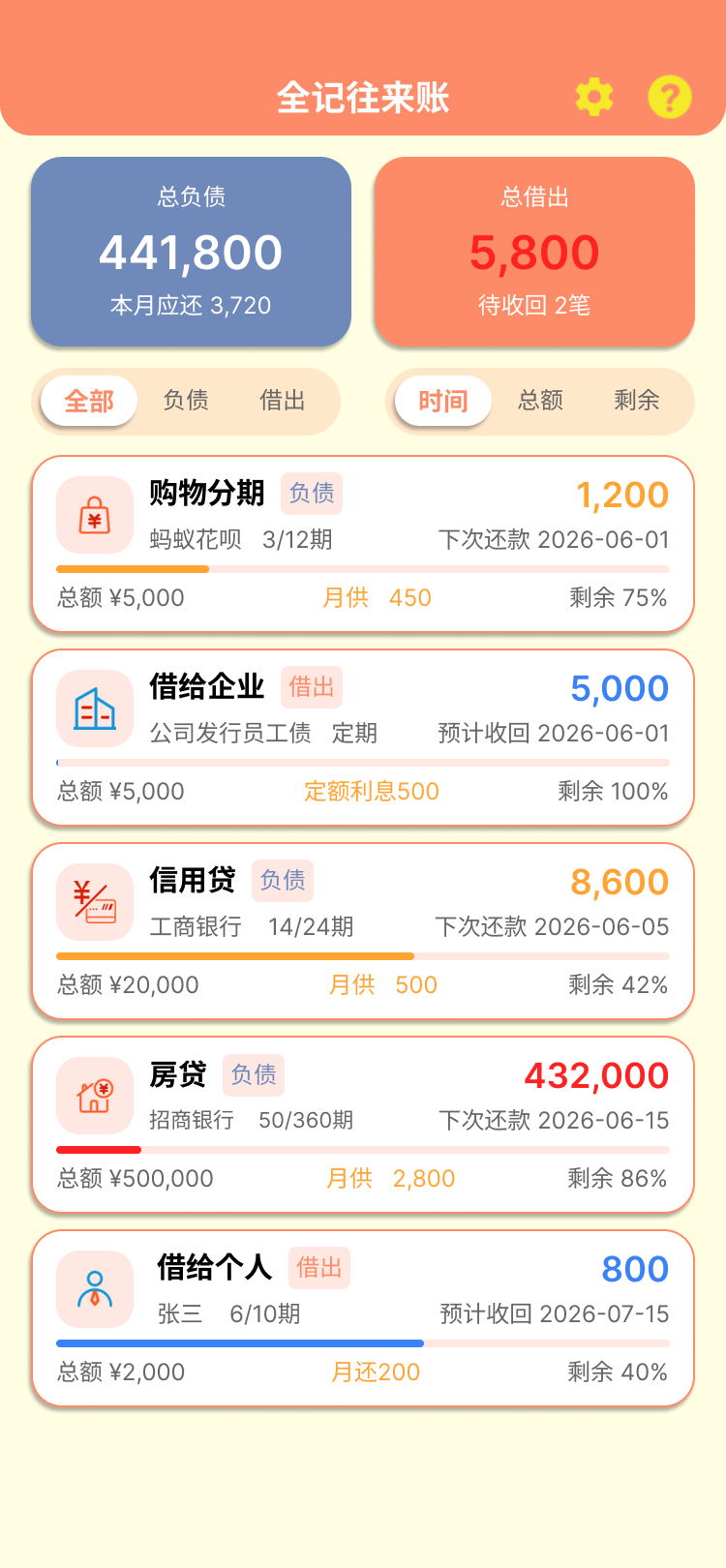 全记得 App 借贷往来界面